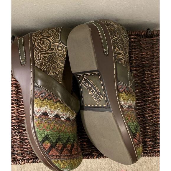 L'Artiste Zagabank Clog Size 9 Olive Multi Leather & Woven Textile Slip On Boho - Picture 7 of 9